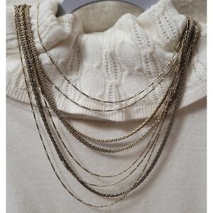 Vintage MONET Signed Gold Tone Multi-Strand Layered Chain Blue Cabochon 16-24"